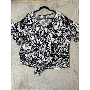 Cocomo Woman Black White Palm Leaf Print Tie Front Short Sleeve Top Plus 1X